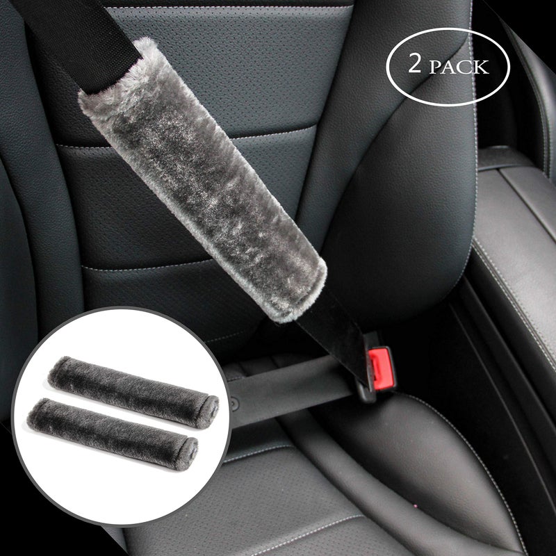 Amooca Soft Faux Fur Universal Fit Seatbelt Cover Car Truck SUV Airplane Seat Belt Shoulder Pad for Carmera Backpack Straps Neck Cushion Protector 2 Pack 10.5in Dark Gray - Image 2